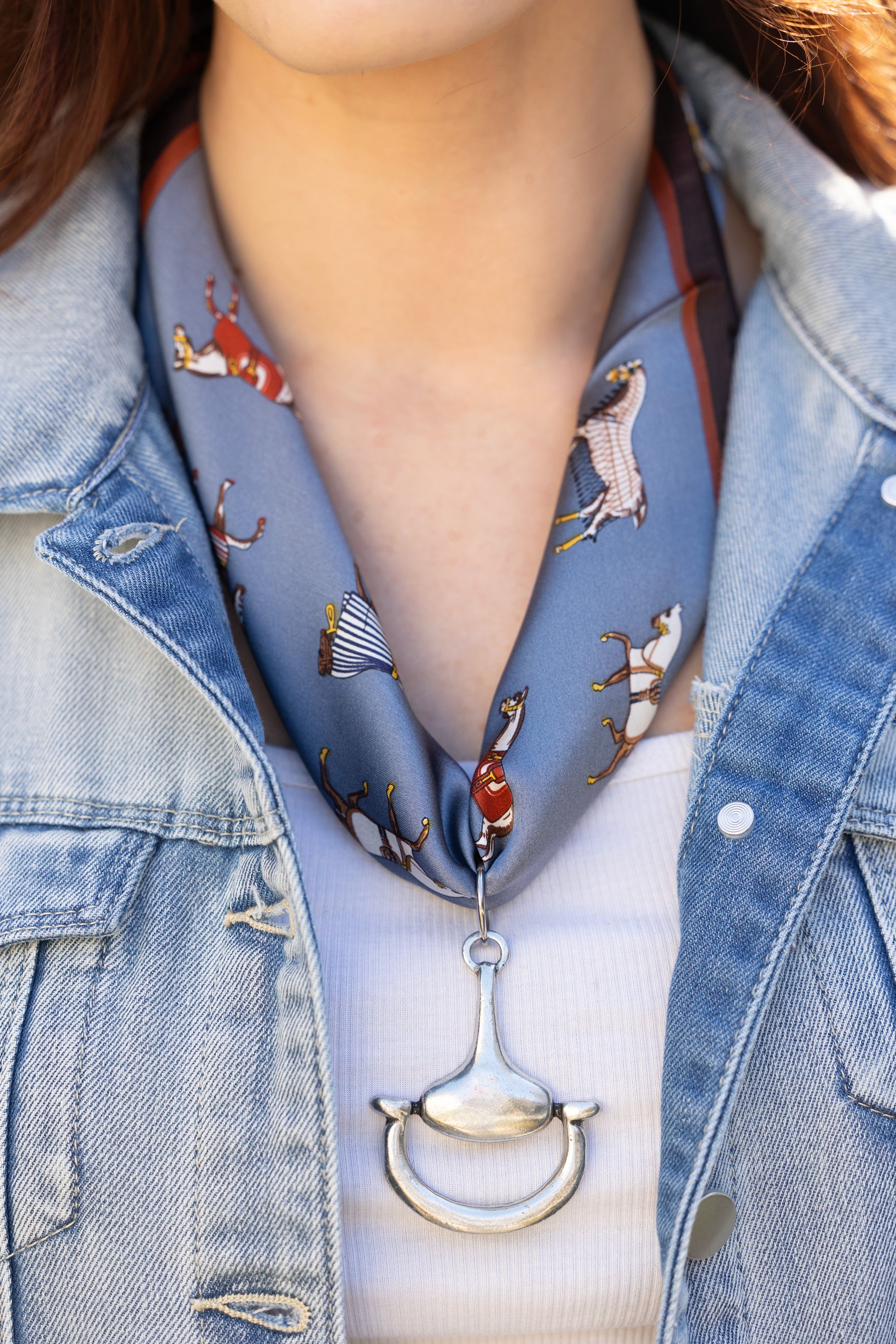 Equine Elegance 100% Silk Scarf in Slate Blue with choice of Gold or Silver Metal Horse-Bit - Stacy Bradley Design