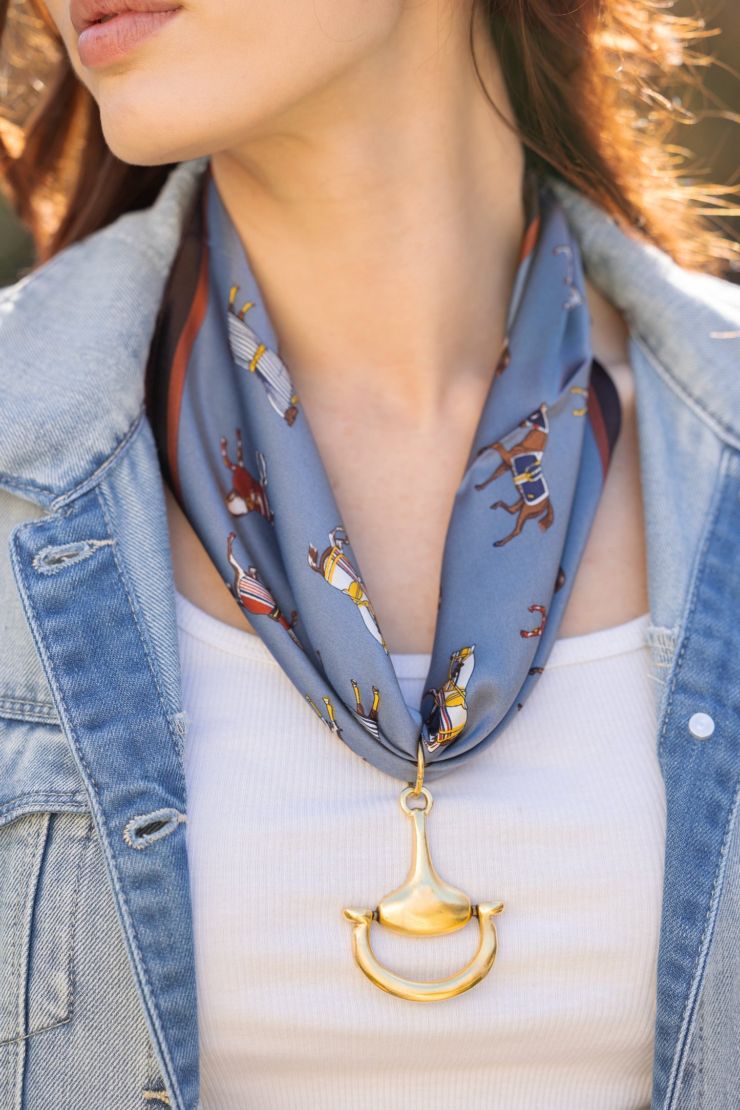 Equine Elegance 100% Silk Scarf in Slate Blue with choice of Gold or Silver Metal Horse-Bit - Stacy Bradley Design