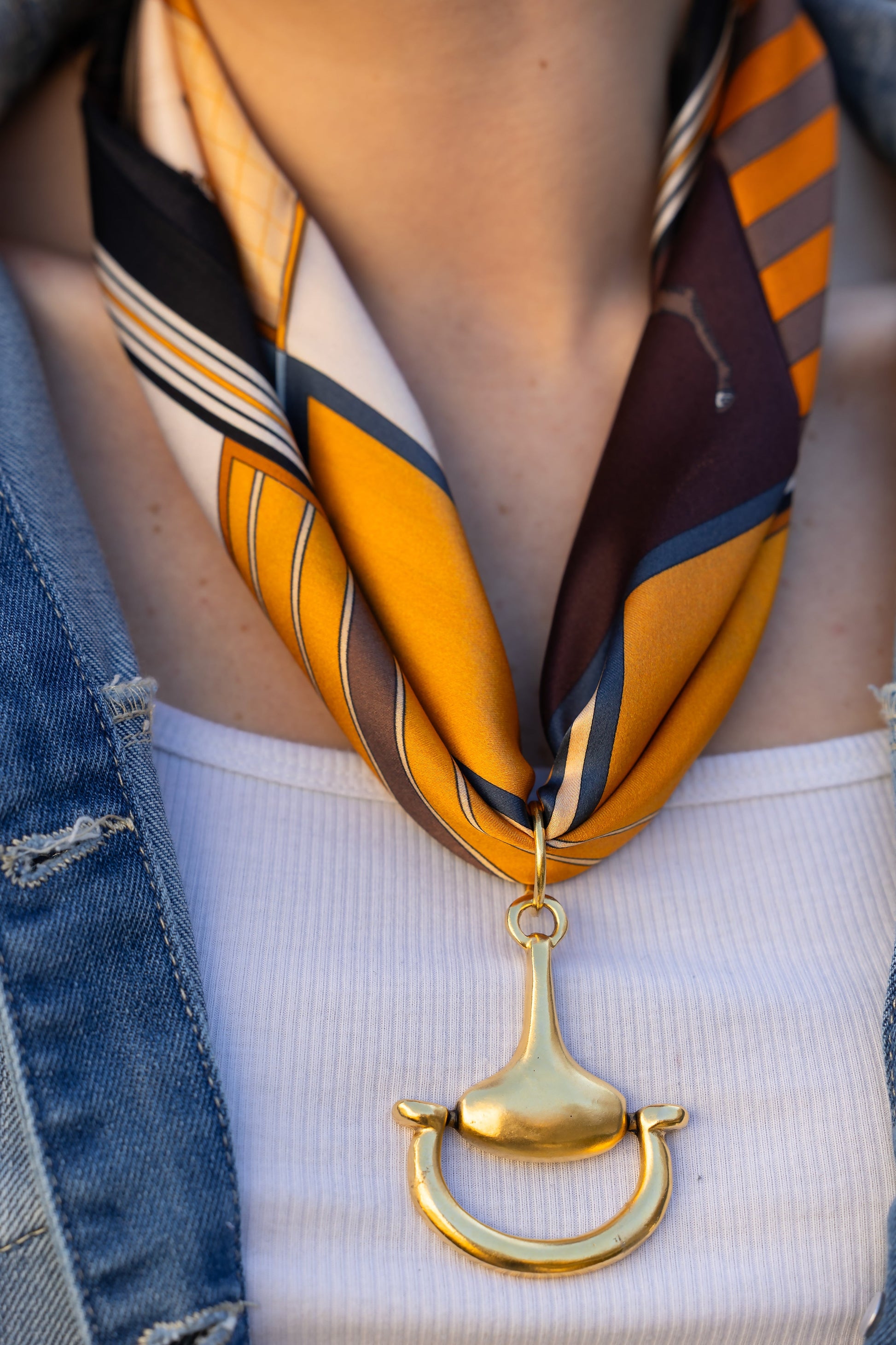 Equine Elagance 100% Silk Scarf in Autum with choice of Gold or Silver Metal Horse-Bit - Stacy Bradley Design