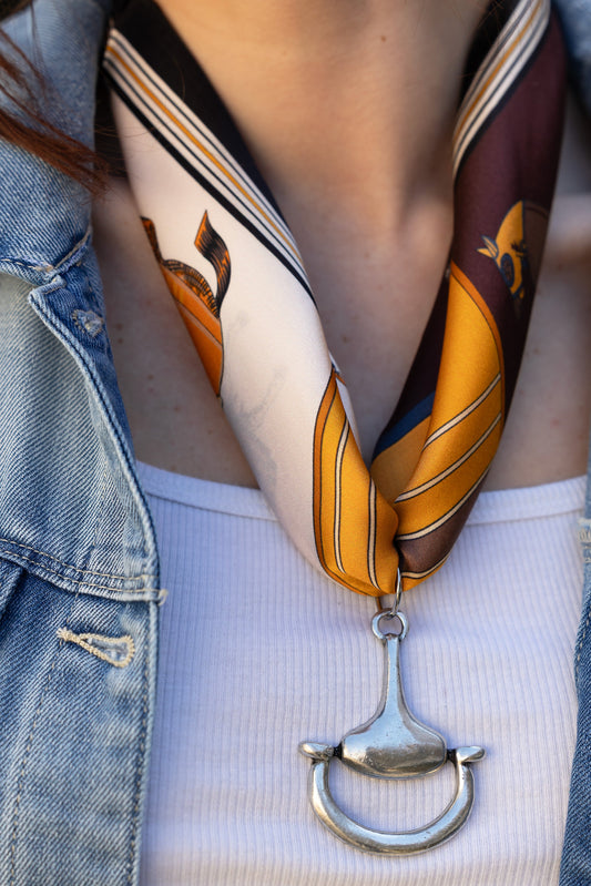 Equine Elagance 100% Silk Scarf in Autum with choice of Gold or Silver Metal Horse-Bit