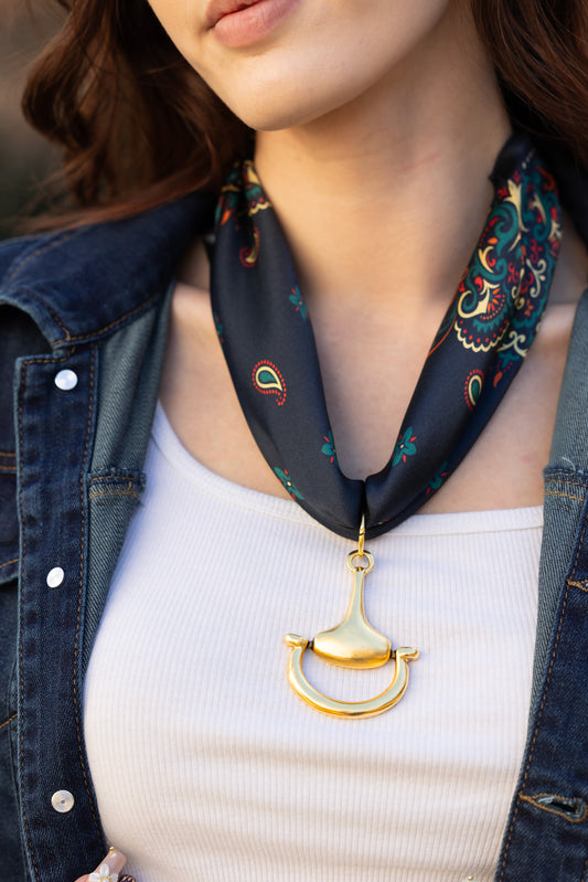 A Little Western 100% Silk Scarf in Festive with choice of Gold or Silver Metal Horse-Bit