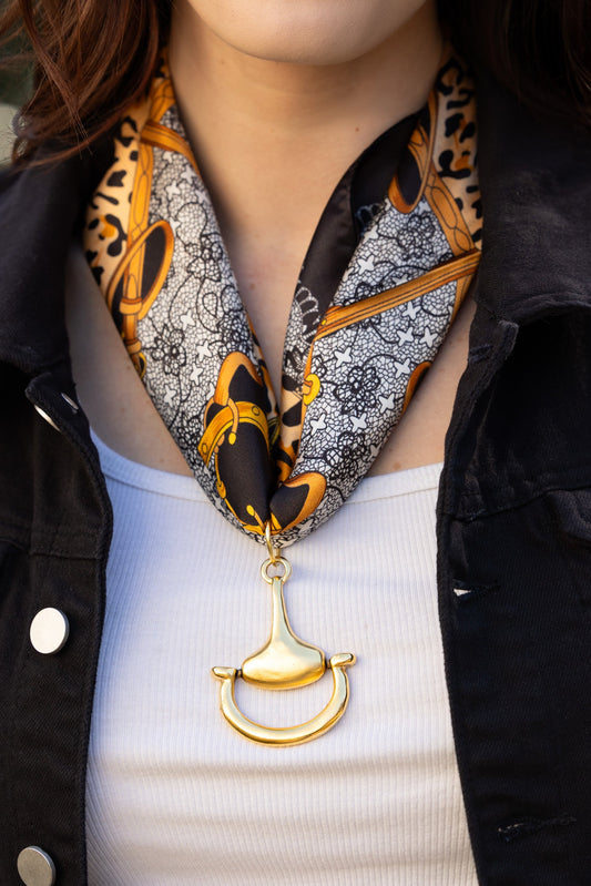 Lucky Leopard 100% Silk Scarf with choice of Gold or Silver Metal Horse-Bit
