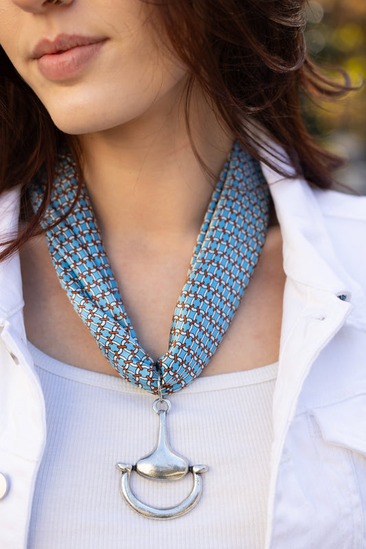 Blue Lattice 100% Silk Scarf in with choice of Gold or Silver Metal Horse-Bit