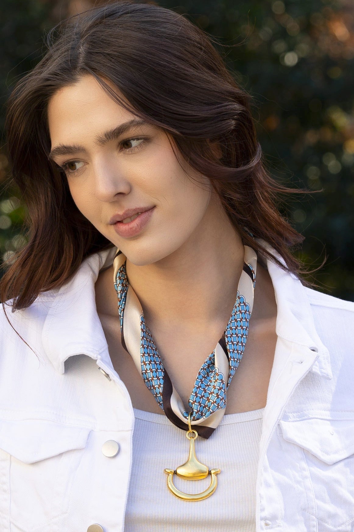 Blue Lattice 100% Silk Scarf in with choice of Gold or Silver Metal Horse-Bit - Stacy Bradley Design