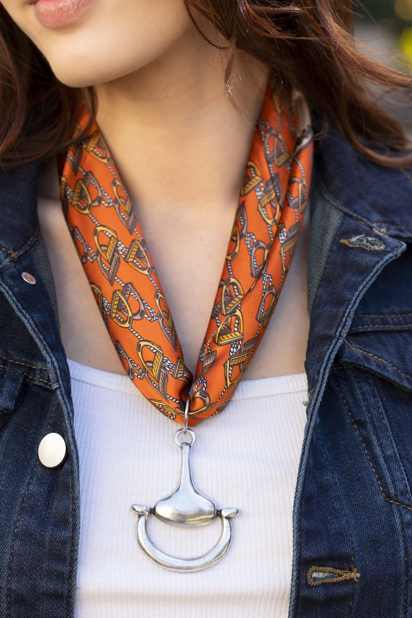 Lots of Stirrups 100% Silk Scarf in Orange with choice of Gold or Silver Metal Horse-Bit - Stacy Bradley Design