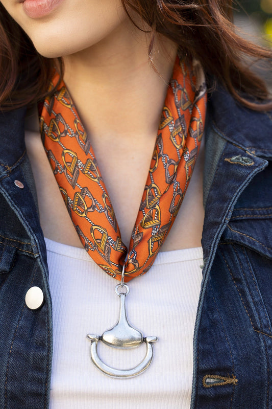 Lots of Stirrups 100% Silk Scarf in Orange with choice of Gold or Silver Metal Horse-Bit