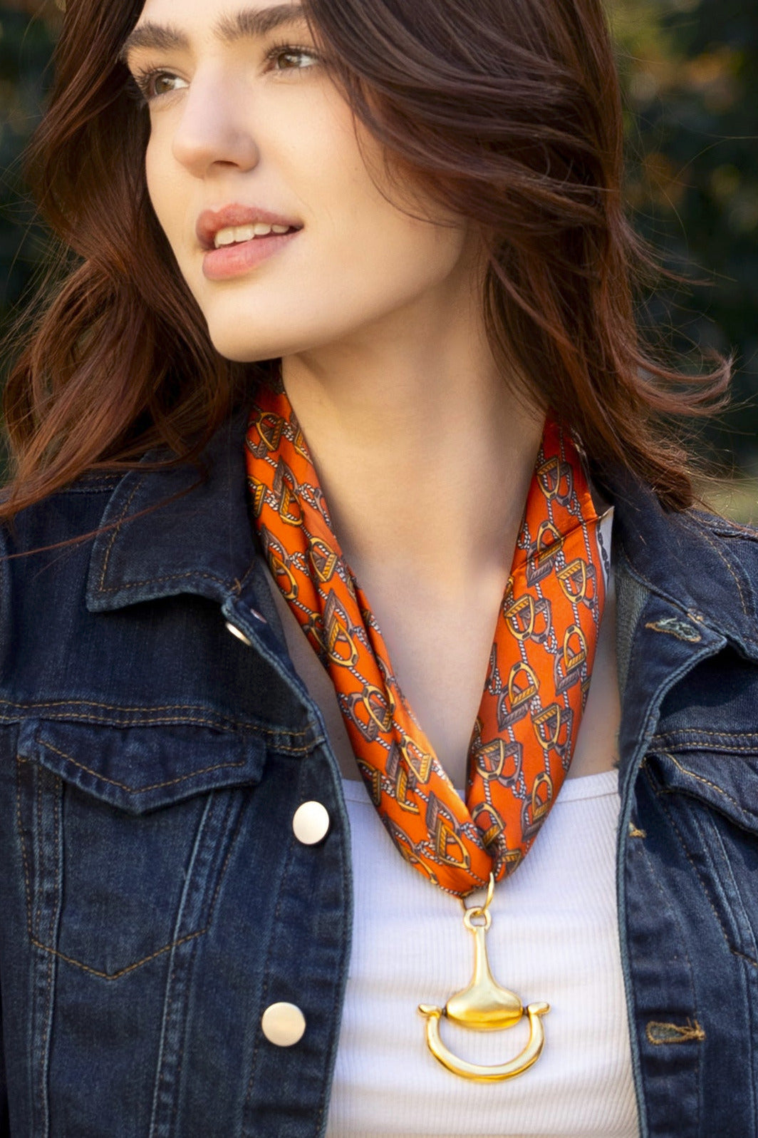 Lots of Stirrups 100% Silk Scarf in Orange with choice of Gold or Silver Metal Horse-Bit - Stacy Bradley Design