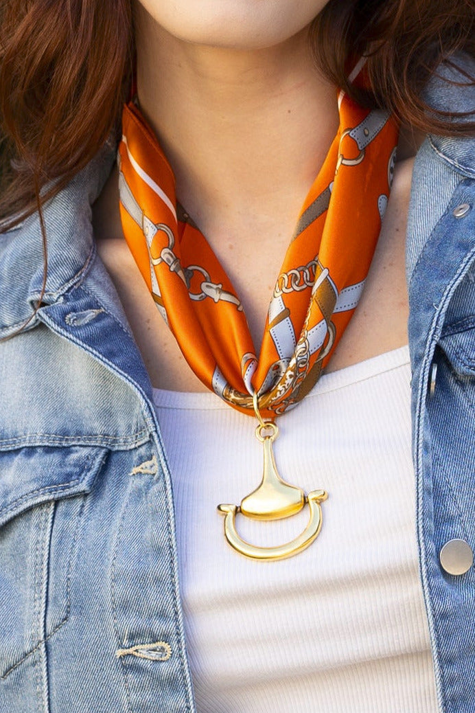 Orange Straps 100% Silk Scarf with choice of Gold or Silver Metal Horse-Bit