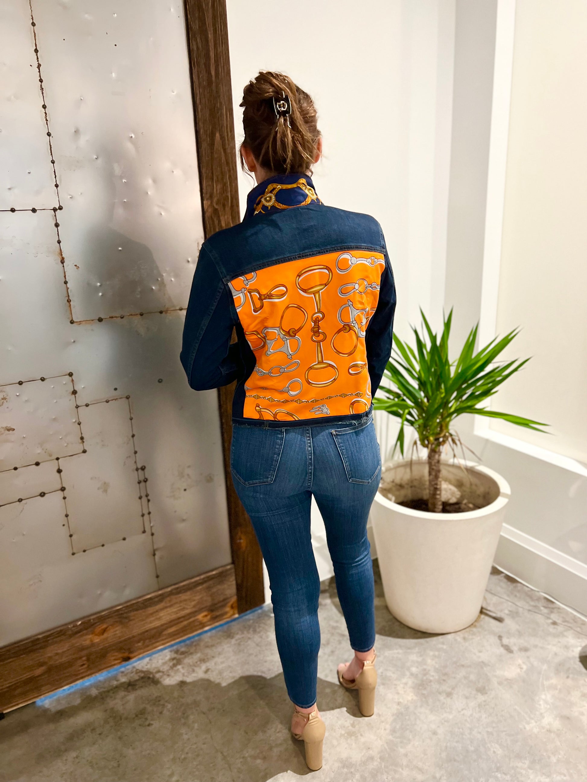 The Dark Denim Jacket Orange and Blue Bit Stacy Bradley Design