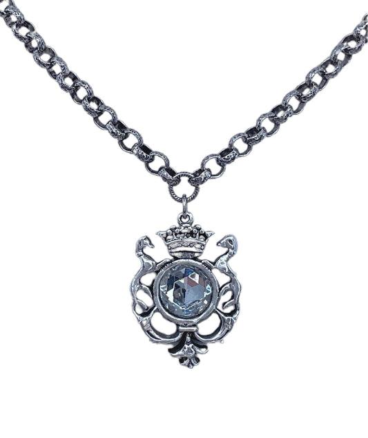Sterling plated 17" Chain with Repurposed herladic and vintage Swarovski crystal pendant
