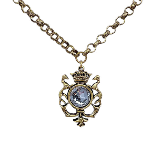 Gold plated 17" Chain with Repurposed Heraldic and vintage Swarovski crystal pendant