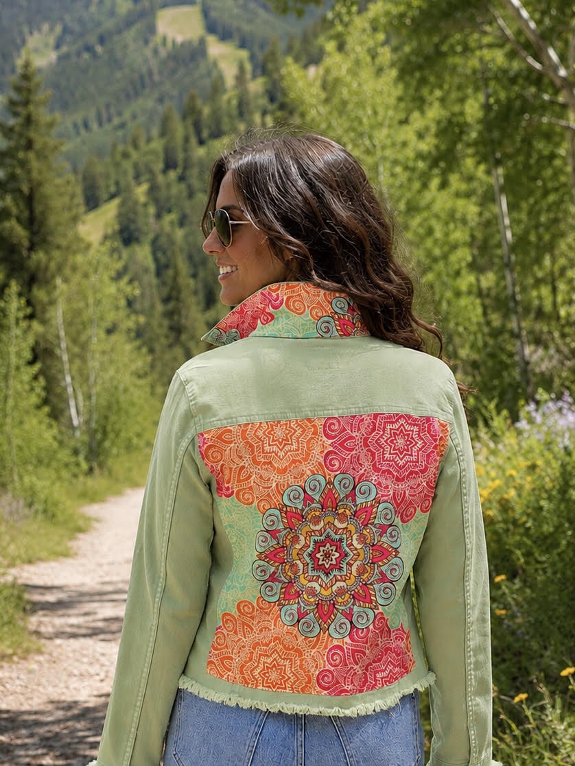 The Tea Leaf Green Denim Jacket / Mandala Burst