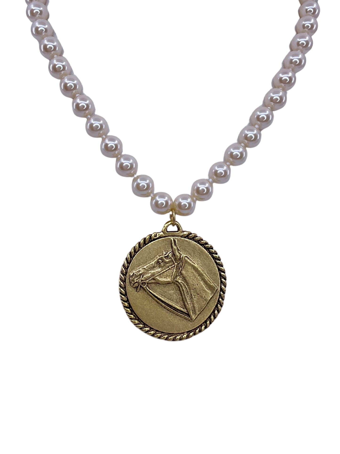Vintage faux Pearl necklace w/ Gold Plated reproduction Horse pendant