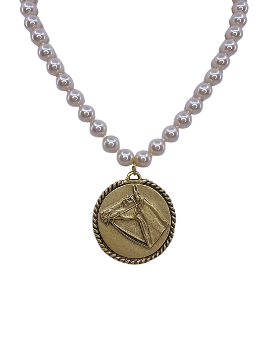 Vintage faux Pearl necklace w/ Gold Plated reproduction Horse pendant