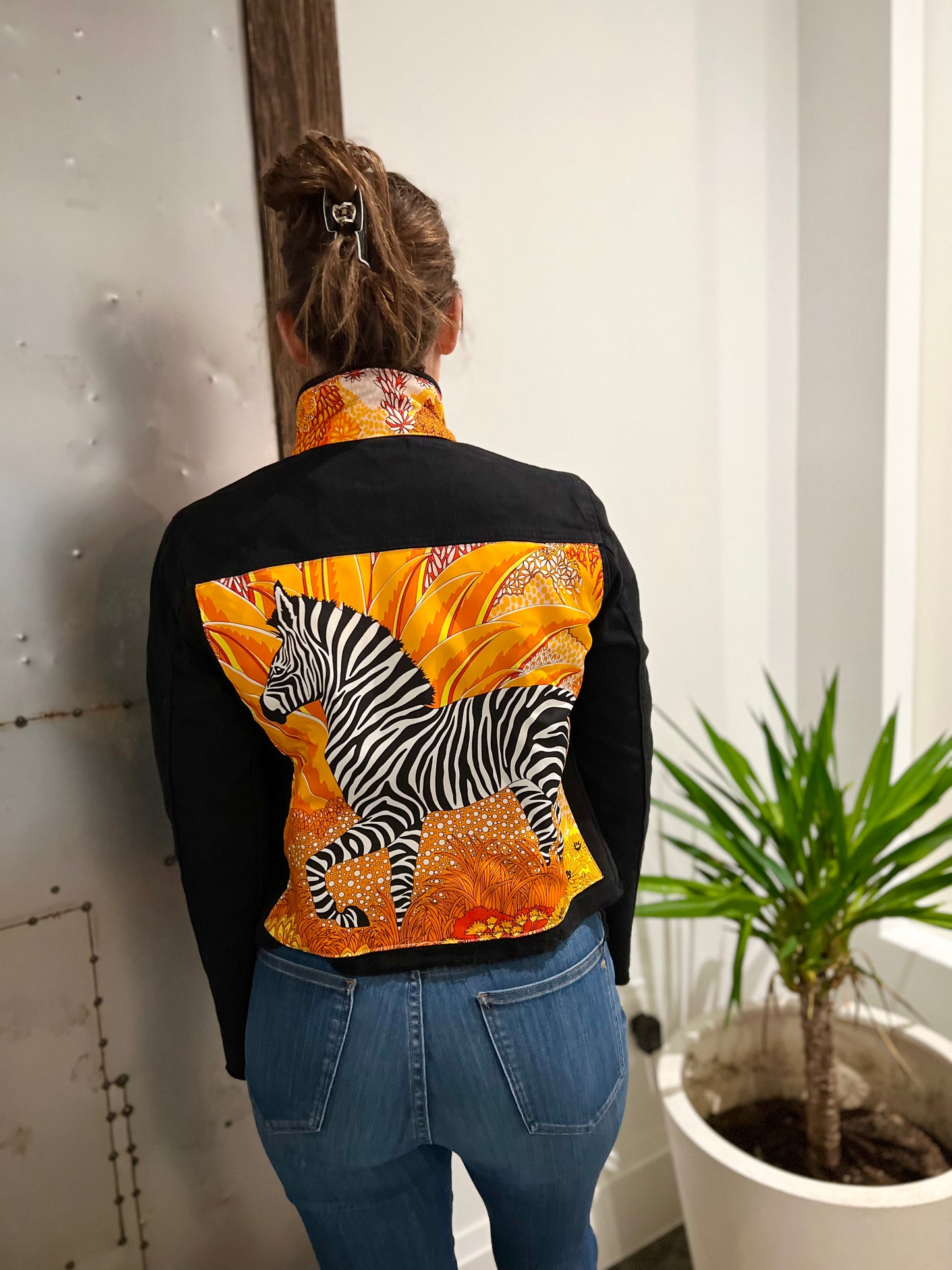 The Black Denim Jacket /  Love a Zebra / Orange