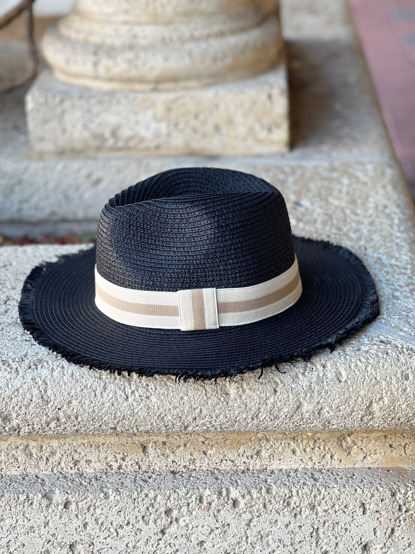 Fashion Hat / Black Fringe / Beige and Taupe