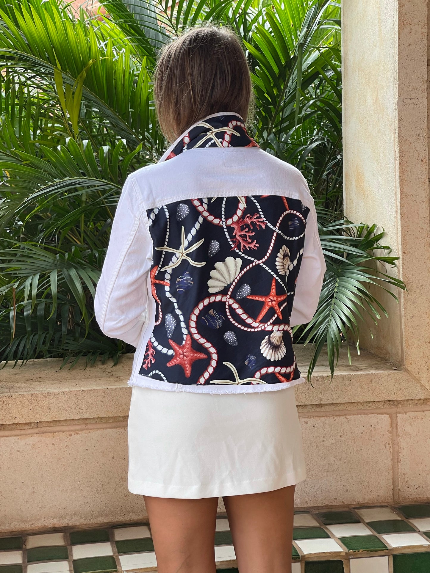 The White Denim Jacket / Navy Shells and Coral
