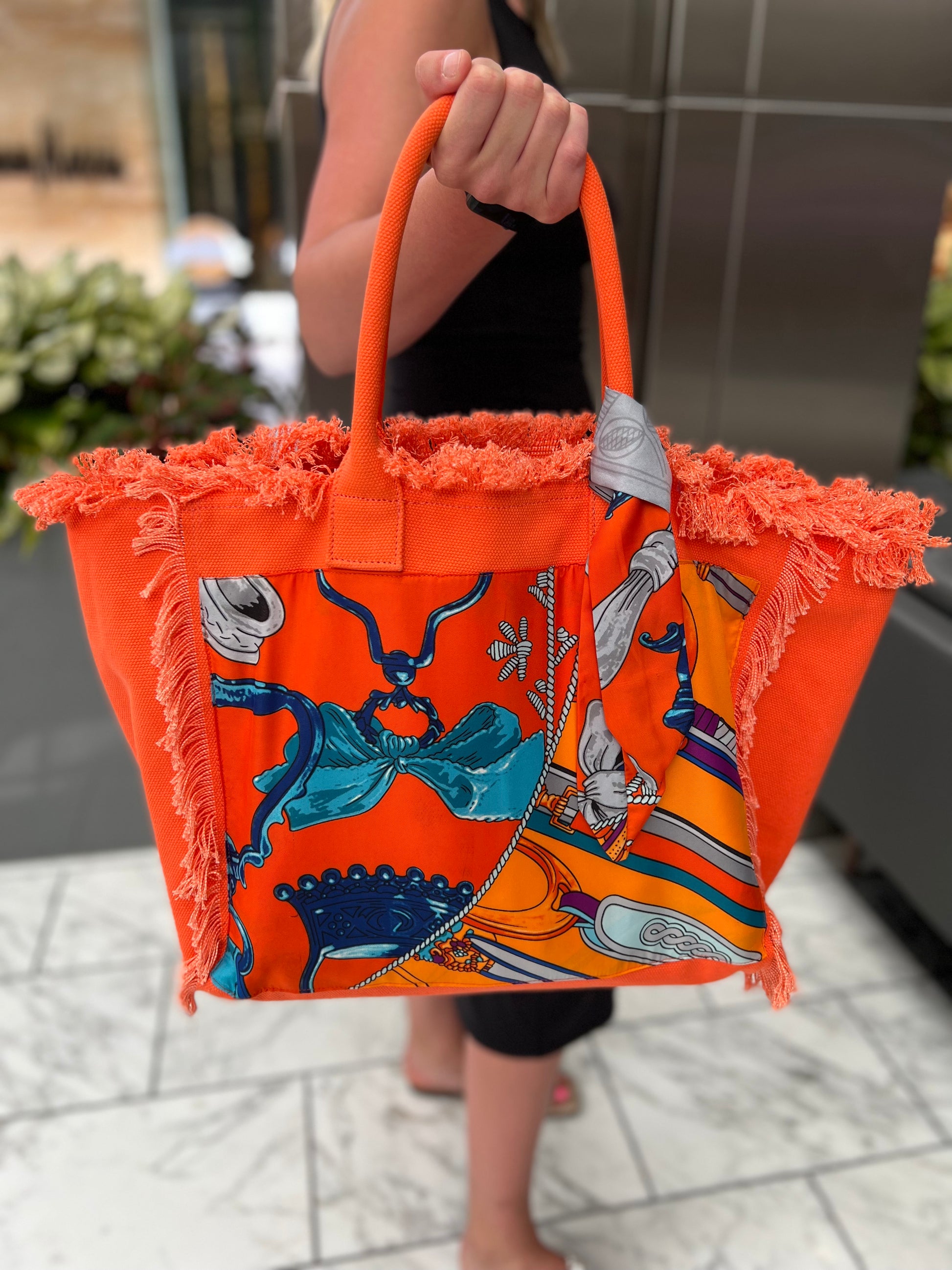 hermes orange bag with scarf