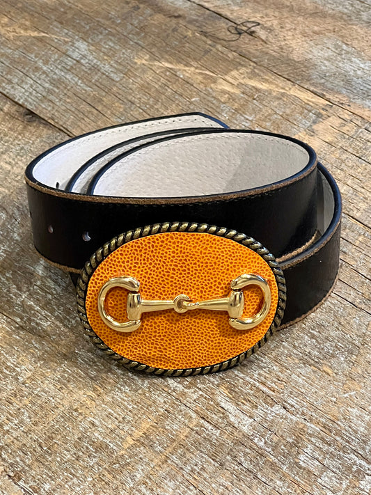 Belt Buckle / Orange Leather / Gold Bit