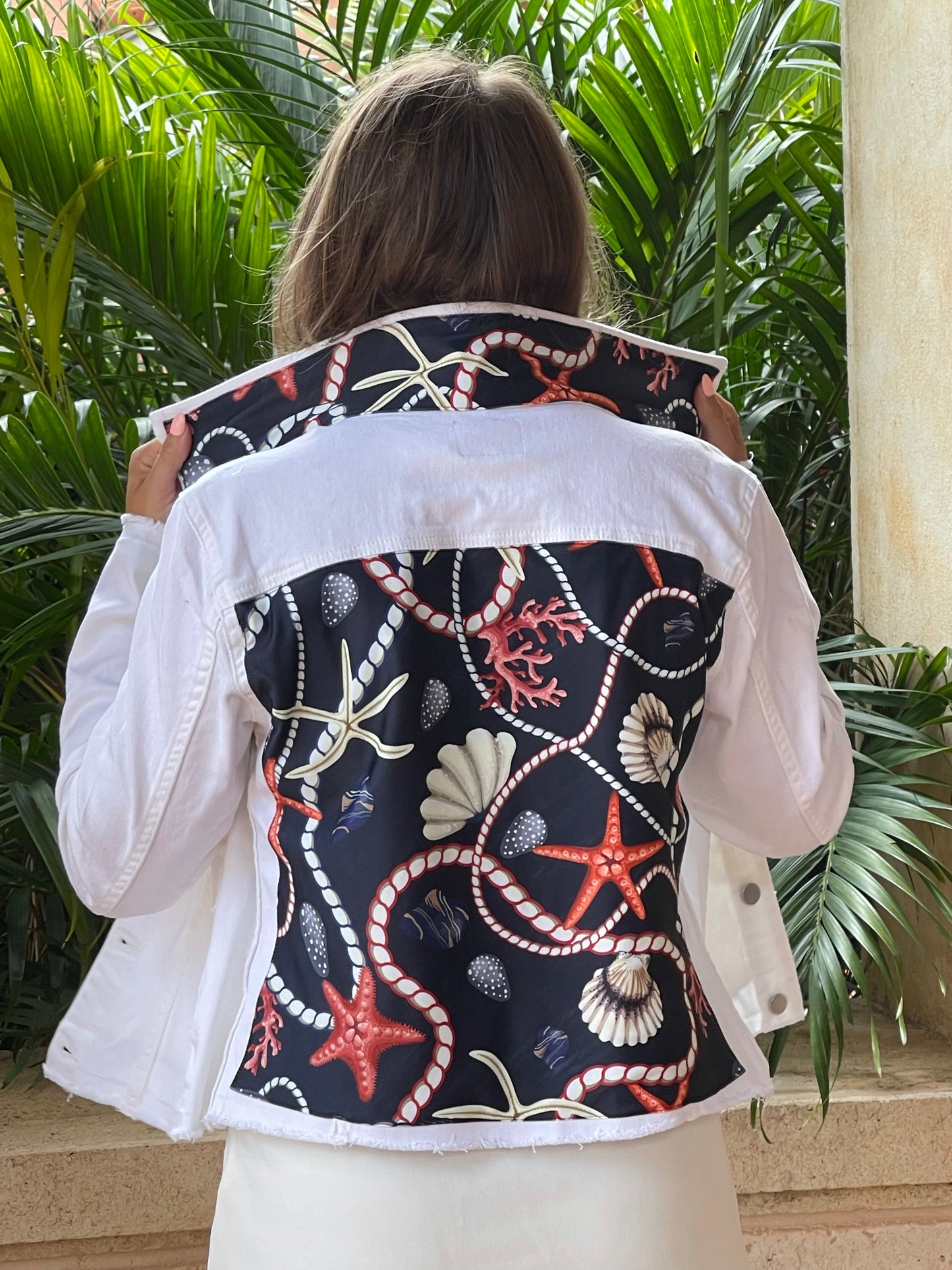 The White Denim Jacket / Navy Shells and Coral