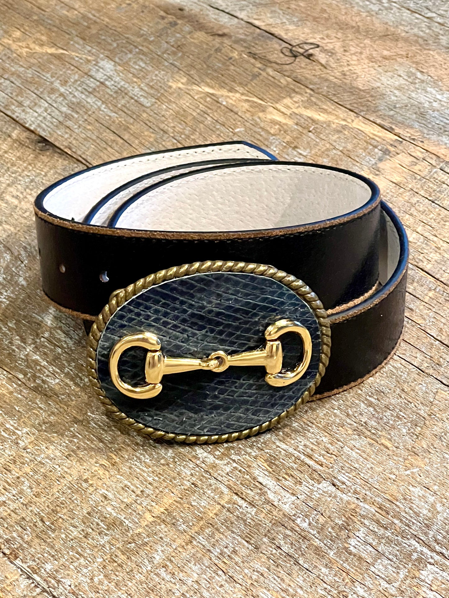 Belt Buckle / Misty Blue Leather / Gold Bit