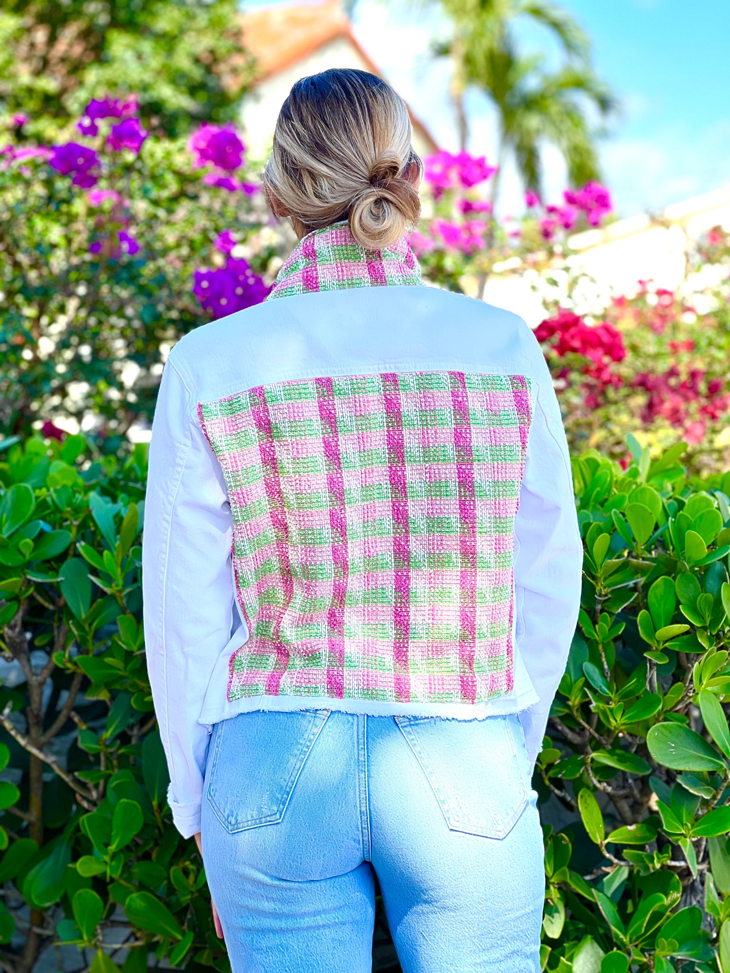 The White Denim Jacket / Pink and Green Tweed