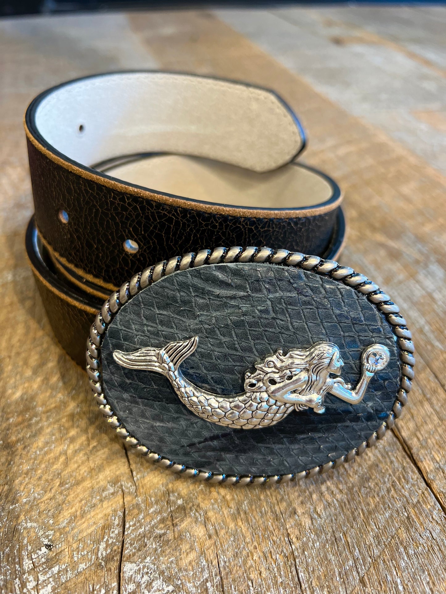 Belt Buckle / Leather Textured Blue Mermaid